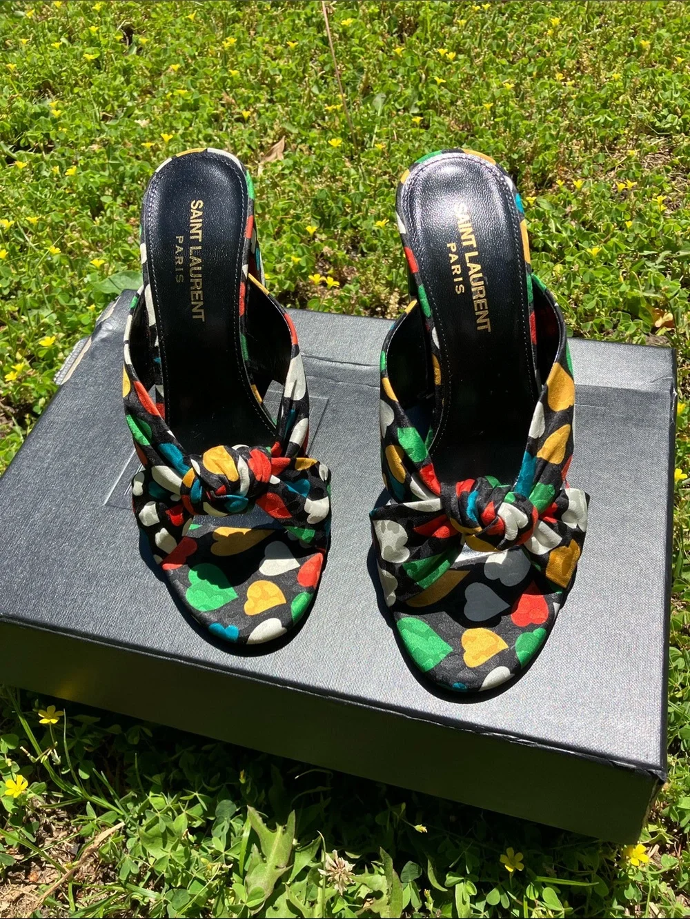Saint Laurent Bianca Black Multi Heart-Knot Slide Heels - Picture 5 of 8